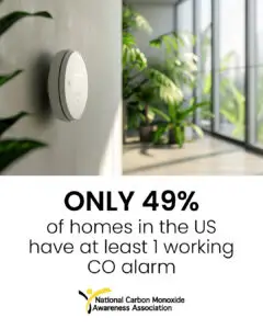A circular carbon monoxide alarm mounted on a wall above text stating that only 49% of US homes have a working alarm, followed by the National Carbon Monoxide Awareness Association logo, reflecting Community Homeworks Kalamazoo safety efforts.